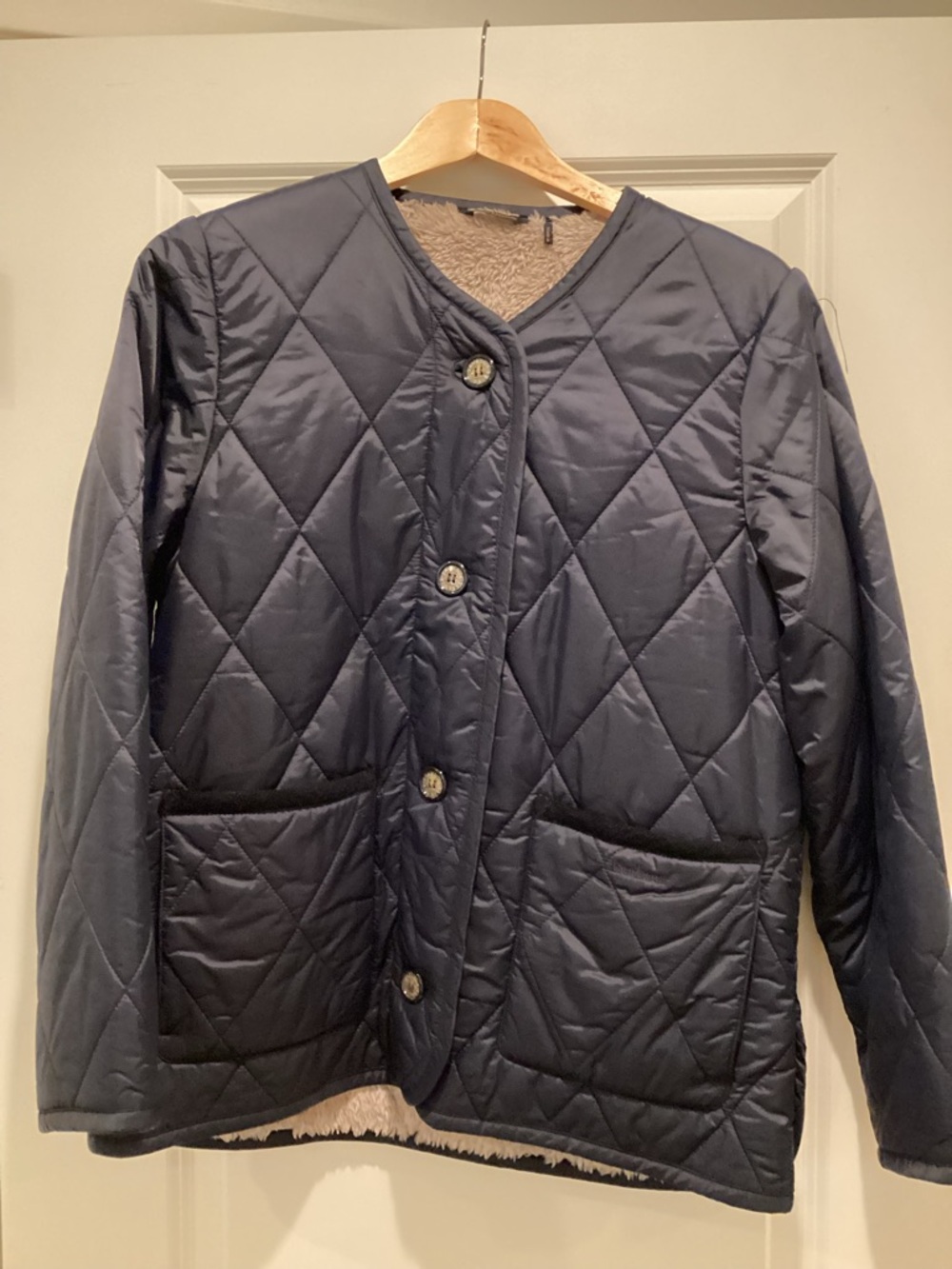 Barbour Navy Quilted Puffer Jacket with Sherpa Trim